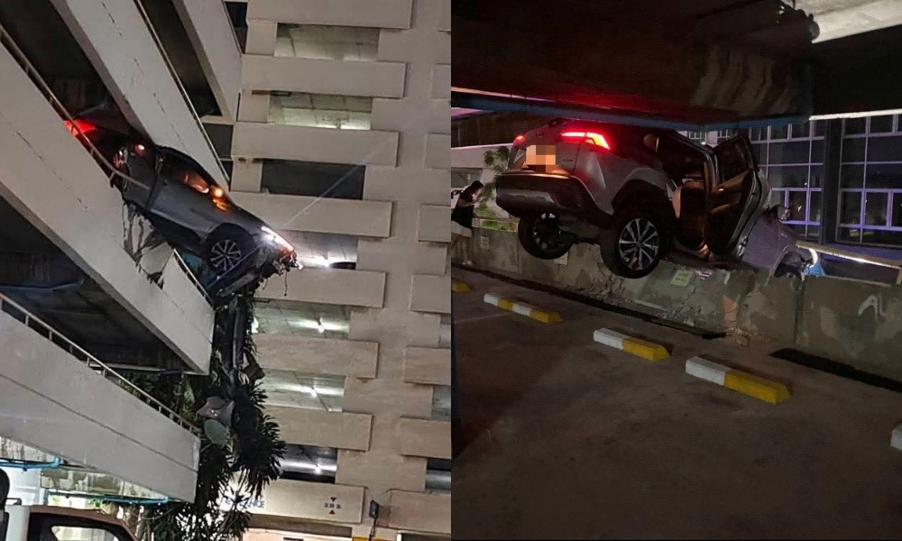 ระทึก! เก๋งพุ่งทะลุกำแพงอาคารจอดรถ ค้างขอบตึกพระราม 4 คนขับรอดหวุดหวิด