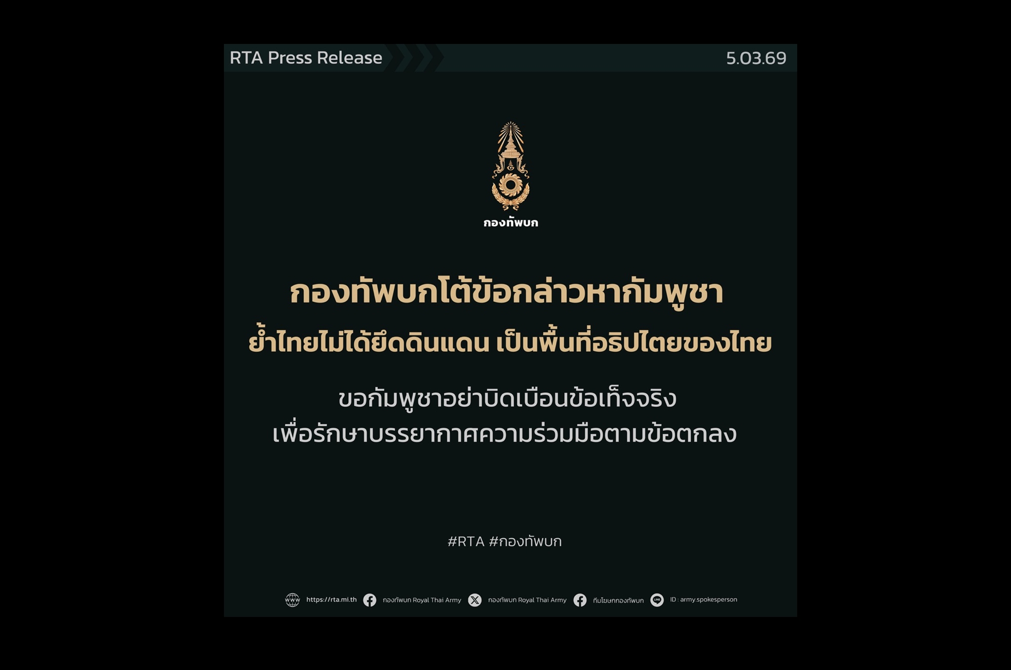“กองทัพบก” โต้ “กัมพูชา” ยันไทยไม่ยึดดินแดน ชี้พื้นที่อยู่ในอธิปไตยไทย ซัดบิดเบือนข้อเท็จจริง