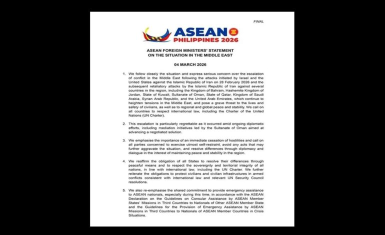 “อาเซียน” แถลงด่วน! เตือนสงครามตะวันออกกลางเสี่ยงลุกลามทั่วโลก จี้หยุดยิง–เคารพกฎบัตร UN