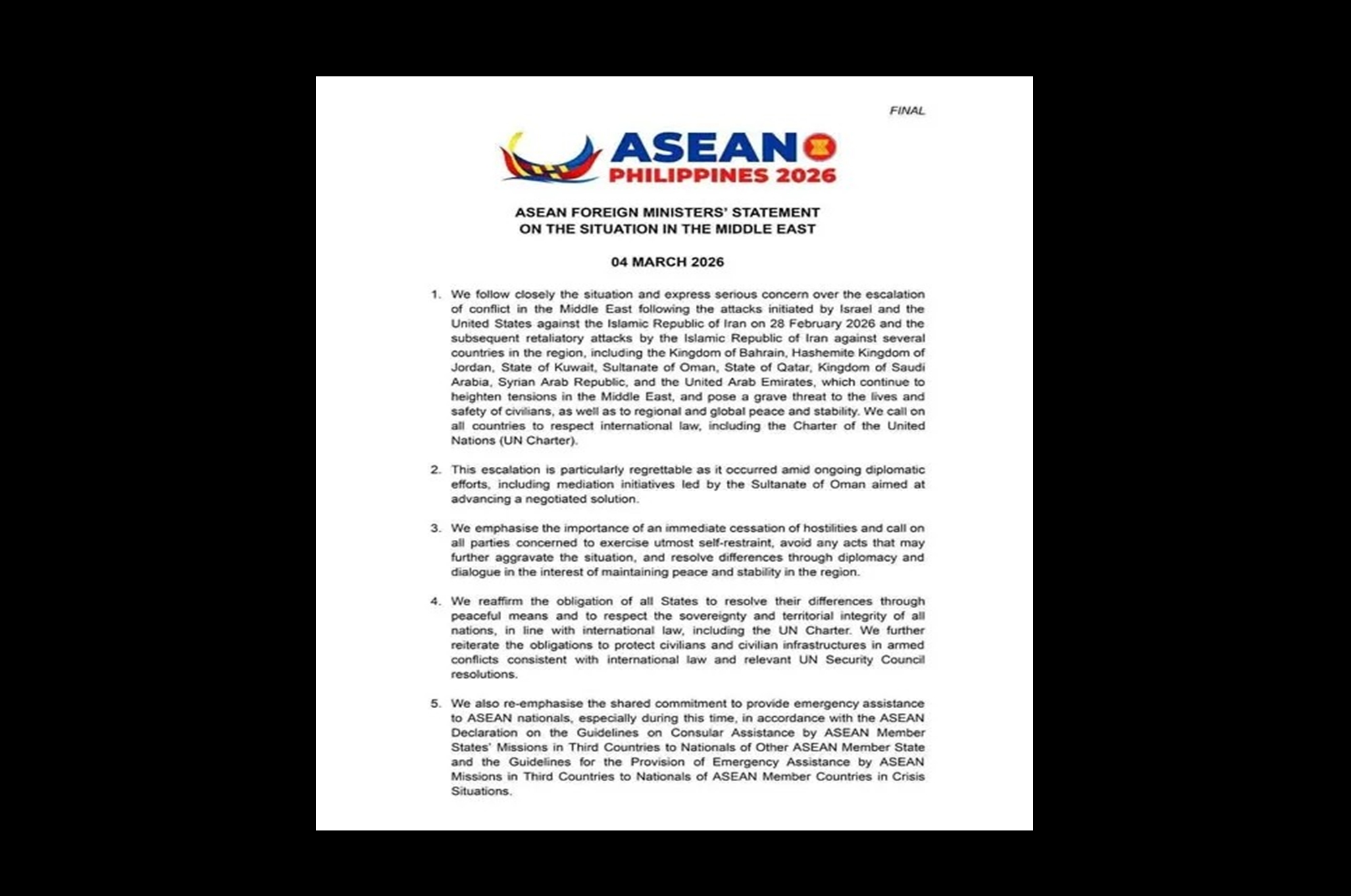 “อาเซียน” แถลงด่วน! เตือนสงครามตะวันออกกลางเสี่ยงลุกลามทั่วโลก จี้หยุดยิง–เคารพกฎบัตร UN