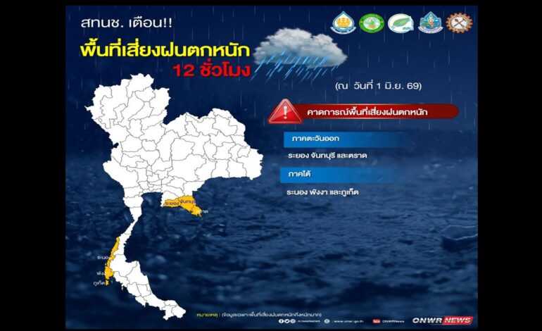 “สทนช.” เตือนด่วน 6 จังหวัดเสี่ยงฝนถล่มหนัก เฝ้าระวังน้ำท่วมฉับพลัน-น้ำป่าไหลหลาก 12 ชั่วโมงนี้